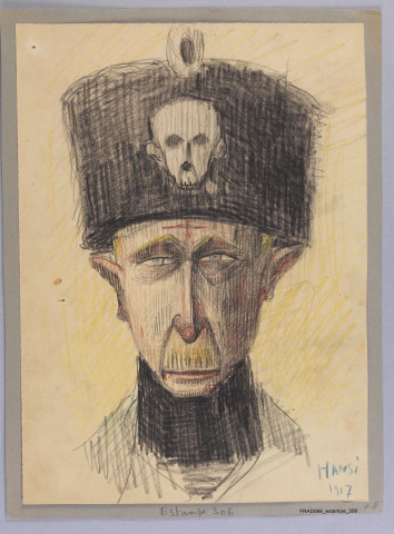 Dessin au crayon représentant le Kronprinz collé sur une feuille de carton