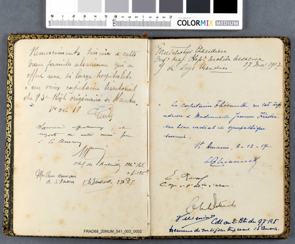 Livre d'or de Jeanne KUSTER, fille ou petite fille du Maire de Saint-Amarin de l'époque, Louis KUSTER.On y trouve notamment des remerciements et des mots écrits par des soldats blessés et soignés dans l'hôpital de Saint Amarin (officiers et généraux). Les mots sont en français et en anglais. Il est également agrémenté de dessins. Première page : dessin du premier Tirailleur sénégalais blessé (source : prêteur).