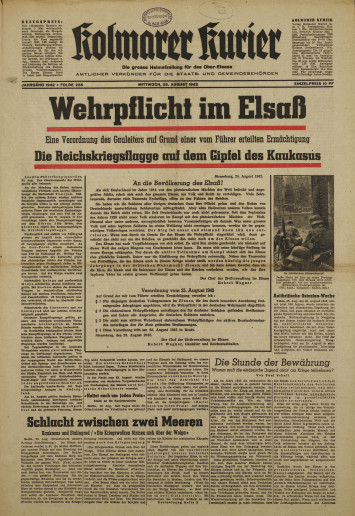 Une du journal Kolmarer Kurier daté du 26 août 1942. Cote Archives d'Alsace - Colmar Jx 75.