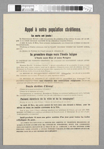 Tract signé par Monseigneur Ruch (1873-1945), évêque de Strasbourg, dénonçant la mise en place de l'école interconfessionnelle à Colmar, le danger de sa généralisation et appelant à la grève des écoles en Alsace.