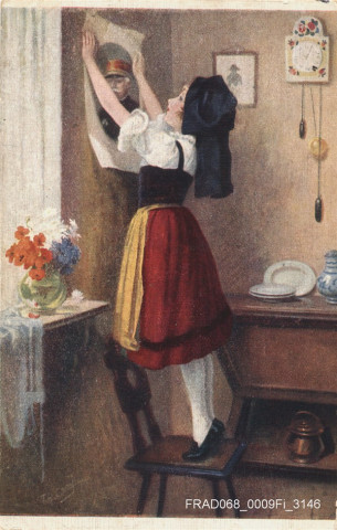 Alsacienne accrochant une affiche représentant Joffre, dessin de Th. CROY