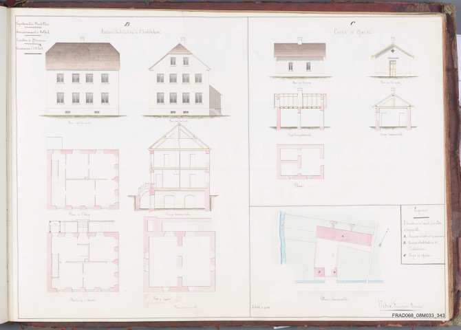 plan de masse de la propriété ; plans, coupes et façades de la maison de l'instituteur et du corps de garde.