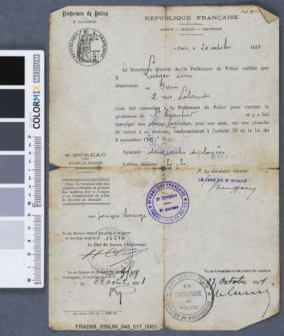 Certificat de la Préfecture de Police délivré au nom de Léon Lutgen, bijoutier, pour l'enregistrement de son poinçon.