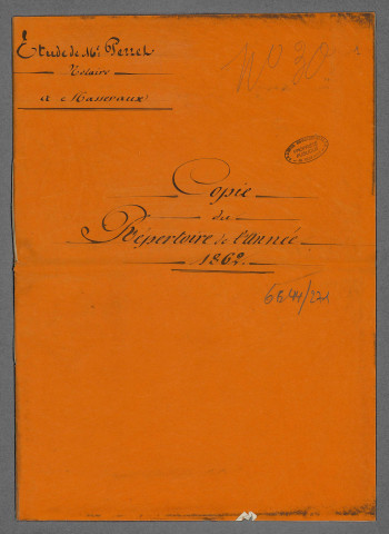 Doubles et copies de répertoire chronologique Me Charles Alexandre Lurdier, 1862
Doubles et copies de répertoire chronologique Me Joseph Perret, décembre 1862