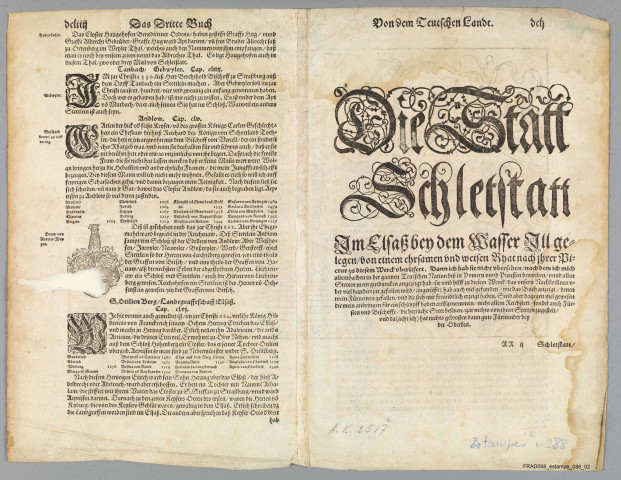 Schletstatt etwan ein Dorff des heyligen Römischen Reichs : aber jetzt ein zieliehe Statt. (Extr. de la "Cosmographie universelle" de S. Munster, III. Buch", von dem Teüschen land" DCLII-DCLIII, 1548) Texte all. An v°