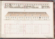 plans, coupes et façades du bâtiment abritant l'école, la mairie et la remise des pompes à incendie.