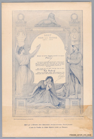 Mort pour la Patrie. 1914-1919. Offert par l'Union des Grandes Associations Françaises à toutes les Familles des Soldats Morts pour la France.