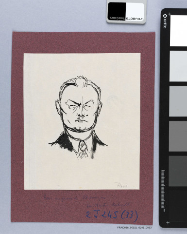 Caricature à la plume représentant Roos au procès de Besançon. Martin Hubrecht