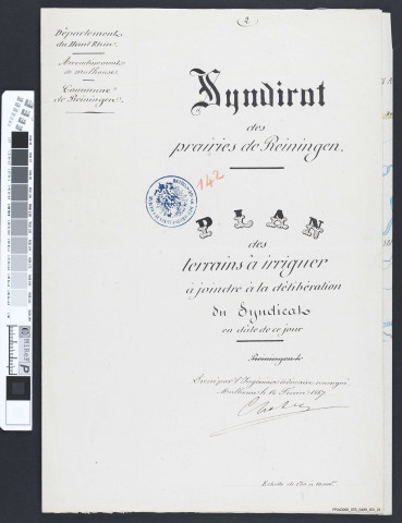 Syndicat pour l'irrigation des prairies de Reiningue: constitution, activités, comptabilité (plans)