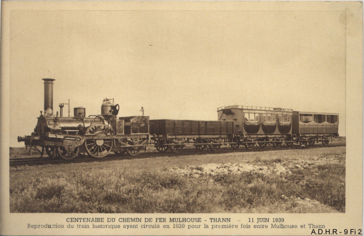 Centenaire du chemin de fer Mulhouse-Thann. 11 juin 1939. Reproduction du train historique ayant circulé en 1839 pour la première fois entre Mulhouse et Thann - Archives d'Alsace - Colmar 9Fi0002