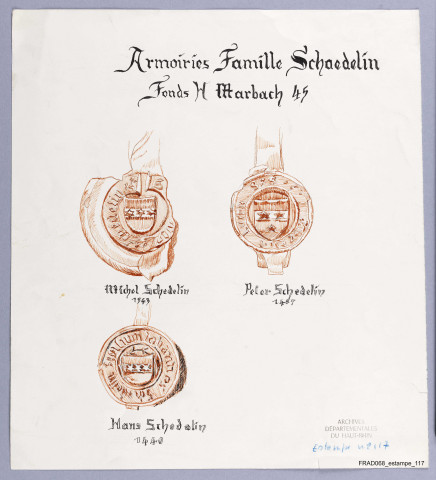 Armoiries de la famille Schaedelin : copie de sceaux de 1440, 1487 et 1543