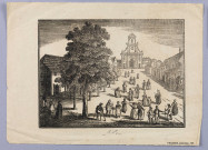 Gravure représentant une place d'église d'un village avec la foule.