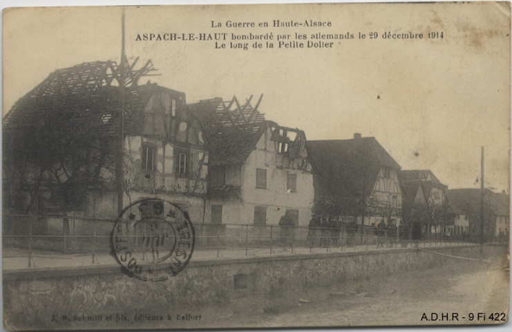 Aspach-le-Haut : maisons bombardées en 1914 le long de la petite Doller