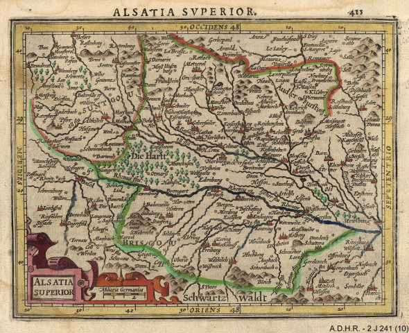 « HAUTE-ALSACE - « Alsatia superior » (par Mercator) idem 2J241/8 et 9 mais colorée.