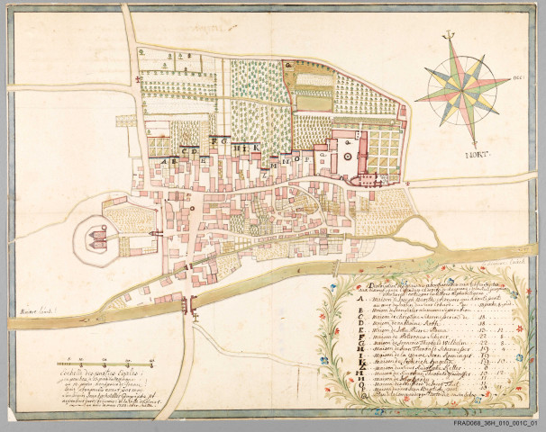 Plan du village d'Issenheim, avec indication des biens sujets aux dîmes perçues par la commanderie de Saint-Antoine d'Issenheim.