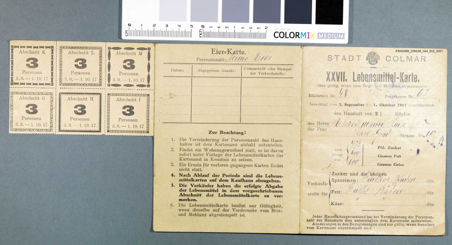 Tickets de rationnement émis par la Ville de Colmar au nom de Louise Ehretsmann.