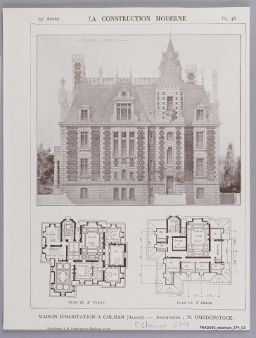 Colmar : villa Kiener. Planches 46-48 du Supplément à la Construction moderne n° 19 et p. 219-222, 231-234 de la Construction moderne