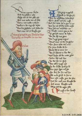 Colmar, Bibliothèque de la Ville de Colmar, manuscrit 305 : papier XVe siècle : Weltchronick de Rudolf von Ems : le géant Goliath