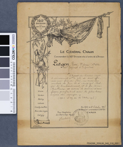 Certificat de bravoure délivré au nom de Léon Lutgen.