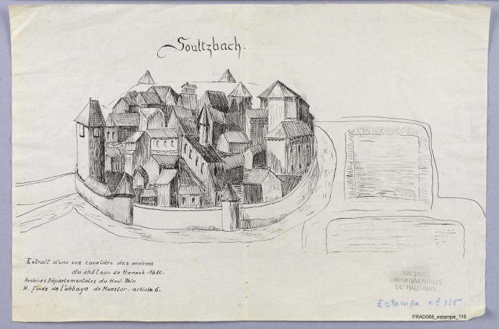 Soultzbach : extrait d'une vue cavalière des environs du château de Haneck : copie à l'encre exécutée en 1961 par M. Sengel, d'une pièce conservée dans la série H (Munster), art. 6