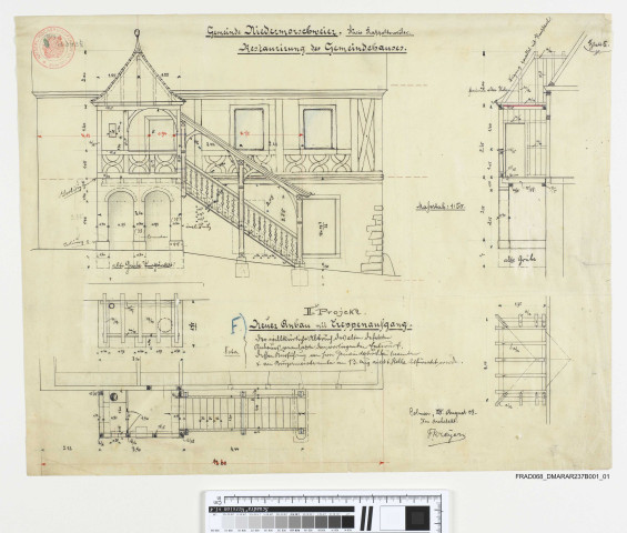Projet de restauration de la Mairie de Niedermorschwihr : escalier extérieur. Calque.