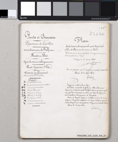 Projets d'alignement: traverse de Mulhouse (plan aux abords du canal du Rhône au Rhin en 1870), Pfastatt (profils et 2 plans en 1853), Ranspach (plan et profils en 1854), Rixheim (plan et profils en 1853), Saint-Louis (plan en 1804 et en 1853), hameau de la Tuilerie dépendant de la commune de Schlierbach (plan en 1853), Sierentz (profils en 1852 et plan en 1856) et Thann 