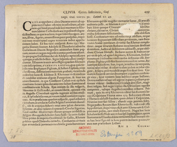 Colmar. Vue cavalière (Extrait de H. Bertius, Commentarium Rerum Germanicarum, liber III, p. 500. Amsterdam 1616). Texte latin