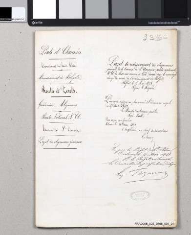  Plans d'alignement: traverses de Lutterbach (plan et profils en 1848, plan en 1852), Moosch (2 plans en 1838), Mulhouse (vue de la R.N.66 et de la R.D. 2 en 1852, plan et profils de la R.N. 66 en 1852, profils de la R.D. 2 en 1852), Pfastatt (plan en 1821), Rixheim (plan en 1853) et Saint-Amarin (2 plans en 1838)