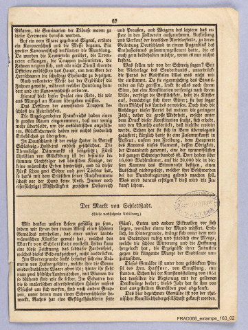 Specimens de gravures imprimées ou extraits de livres sur la vie et les légendes alsaciennes : le marché à Sélestat