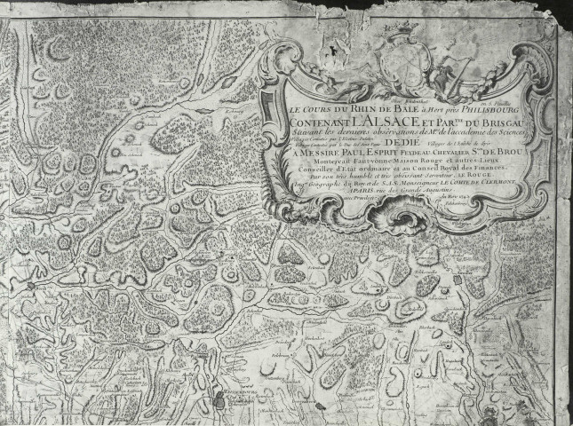 Carte de Lerouge (1745) : "Le cours du Rhin de Bâle à Hert près Philisbourg, contenant l'Alsace et partie du Brisgau".