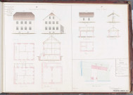 plan de masse de la propriété ; plans, coupes et façades de la maison de l'instituteur et du corps de garde.