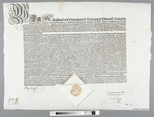 Affiche imprimée de l'archiduc Maximilien III faisant connaître les lettres patentes de commissaires impériaux chargés de régler la sédition des compagnons artisans de Francfort