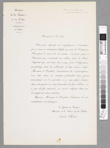 Lettre du Garde des Sceaux demandant au Président du Consistoire de faire célébrer des prières publiques dans les temples de sa circonscription au moment de la fête nationale.