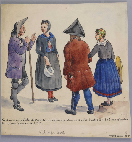 Costumes de la vallée de Munster d'après une peinture de H. Lebert datée de 1848 et représentant le Schwartzbourg en 1825. Au verso de la feuille : esquisse au crayon papier représentant une alsacienne tenant un enfant devant le monument Jacques Preiss au fond l'église Saint-Martin