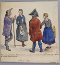 Costumes de la vallée de Munster d'après une peinture de H. Lebert datée de 1848 et représentant le Schwartzbourg en 1825. Au verso de la feuille : esquisse au crayon papier représentant une alsacienne tenant un enfant devant le monument Jacques Preiss au fond l'église Saint-Martin