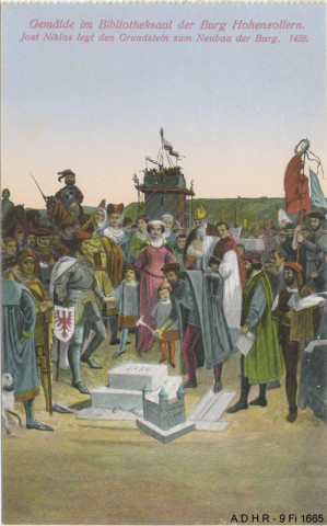 Peintures de la bibliothèque du château des Hohenzollern. Jost Niklas pose la 1ère pierre pour la construction du châeau. 1452.