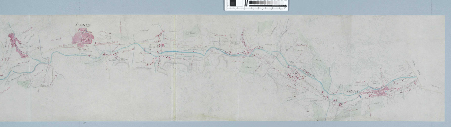 Ligne Mulhouse-Thann-Husseren-Wesserling: prolongement jusqu'à Husseren-Wesserling de la ligne Mulhouse -Thann (1 plan) (1856); maintien des voies de communications croisant la ligne et de l'écoulement des eaux (plans) (1861-1868); embranchement privé (plans) (1863-1864) 