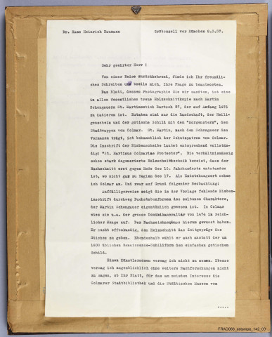 Les armes, les couleurs et le saint patron de Colmar en France. Au dos, lettre d'expertise de l'allemand Hans-heinrich Naumann (1937)