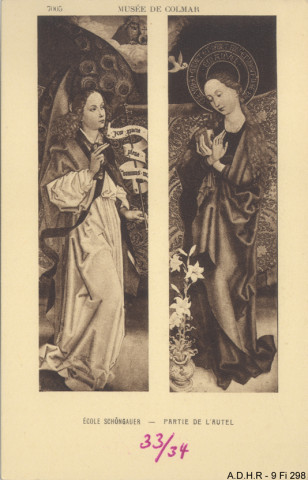 Colmar, musée Unterlinden : partie de l'autel (l'ange et la Vierge de l'Annonciation), école Schongauer