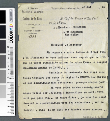 Lettre de l'Etat-Civil militaire au sujet de l'emplacement de la tombe d'Edmond BOLLECKER.