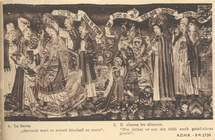 Neuwiller, église de St. Pierre et Paul : les Tapisseries de St. Adelphe "Le Sacre. Il chasse les démons"