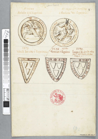 Dessins d'armoiries et de pierres tombales, portraits gravés des seigneurs de Ribeaupierre