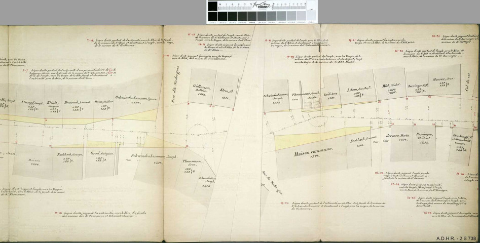 Plans d'alignement des traverses d'Andolsheim (plan en 1853), Bonhomme (plan en 1850), Colmar (plan en 3 feuilles en 1851, modification des alignements généraux à l'entrée de Colmar, le long de la cité ouvrière projetée par le manufacturier Herzog du Logelbach, avec 4 plans, en 1866-1869), Hachimette, hameau dépendant de la commune de Lapoutroie (plan et profils en 1851), Horbourg (plan en 1825) et Ingersheim (plan en 1850) 