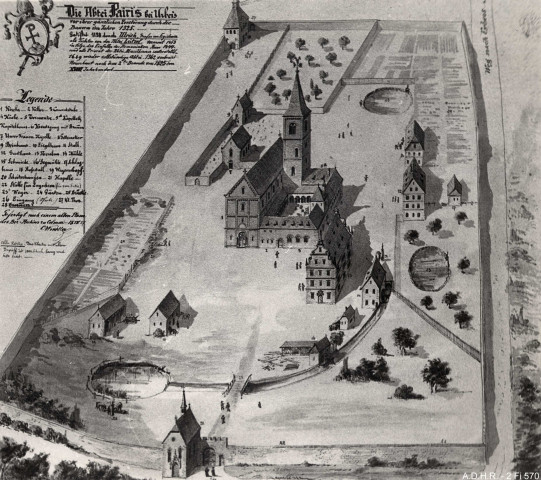 Pairis : vue cavalière de l'abbaye de Pairis, photographie d'une aquarelle de Winkler d'après un plan des Archives départementales du Haut-Rhin (H Pairis 3 n° 5 bis de 1610 ou 1620). Don de M. Robert Will