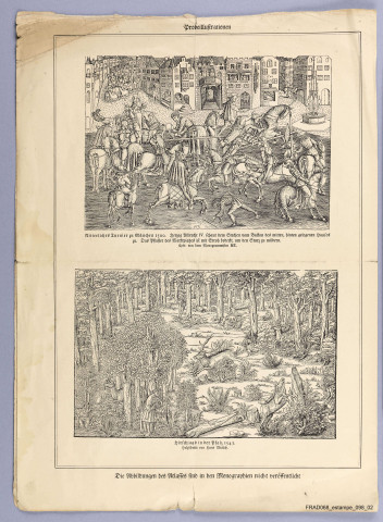 Specimen du livre "Deutsches leben der Vergangenheit in Bildern, aus dem 15.-18. Jahrhundert" (E. Diederich, Iena). 1 feuillet. Comprend entre autres gravures : un tournoi à Munich en 1500, une chasse au cerf au Palatinat en 1543, réjouissance populaires à Zurickan en 1573