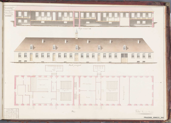 plans, coupes et façades du bâtiment abritant l'école, la mairie et la remise des pompes à incendie.