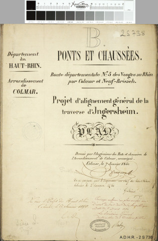 Plans d'alignement des traverses d'Andolsheim (plan en 1853), Bonhomme (plan en 1850), Colmar (plan en 3 feuilles en 1851, modification des alignements généraux à l'entrée de Colmar, le long de la cité ouvrière projetée par le manufacturier Herzog du Logelbach, avec 4 plans, en 1866-1869), Hachimette, hameau dépendant de la commune de Lapoutroie (plan et profils en 1851), Horbourg (plan en 1825) et Ingersheim (plan en 1850) 