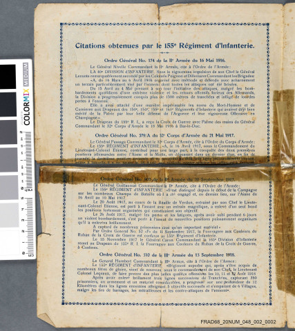Citations et certificats délivrés à la 165e Division d'infanterie, au 155e Régiment d'infanterie et à Léon Lutgen. Contient aussi : laisser-passer.