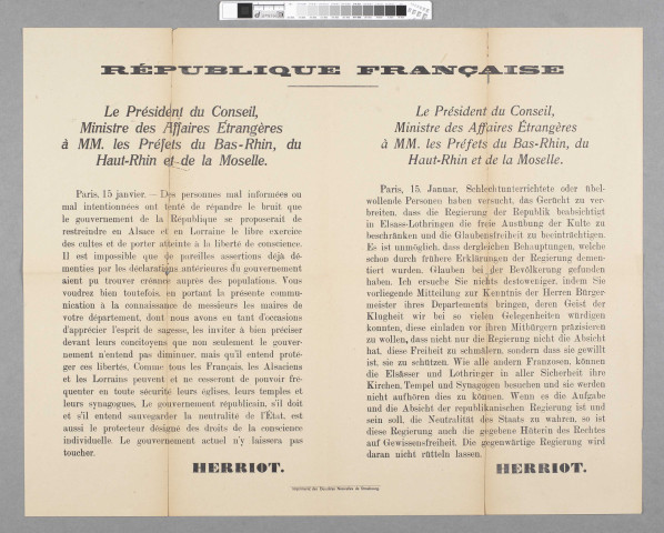 Affiche signée Herriot destinée à être placardée dans les communes d'Alsace et de Lorraine, par laquelle le président du Conseil et la République Française s'engagent auprès des Alsaciens-Lorrains à respecter leur liberté de culte.
