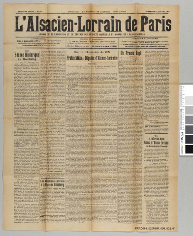 L'Alsacien-Lorrain de Paris : n°272 du dimanche 15 juillet 1917.